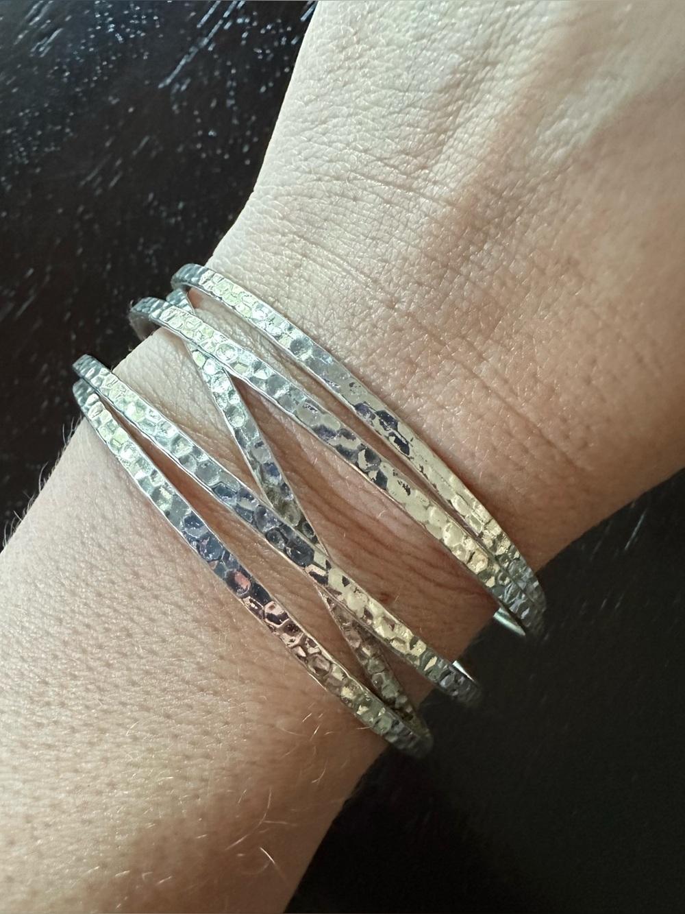 Hammered Silver-Tone 5-Band Artisan Bangle Bracelet